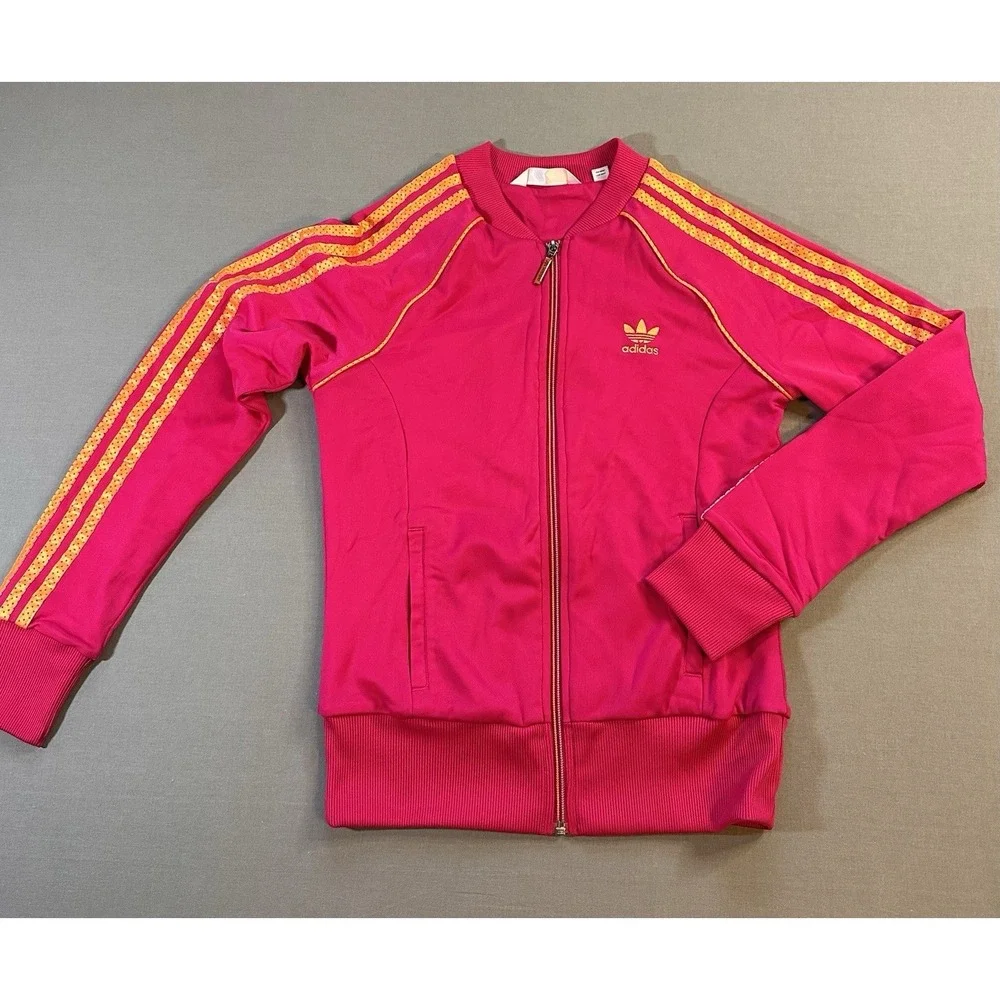 2010 adidas Pink/Yellow 3-Stripes Full Zip Track Jacket w/ Pockets Size 38